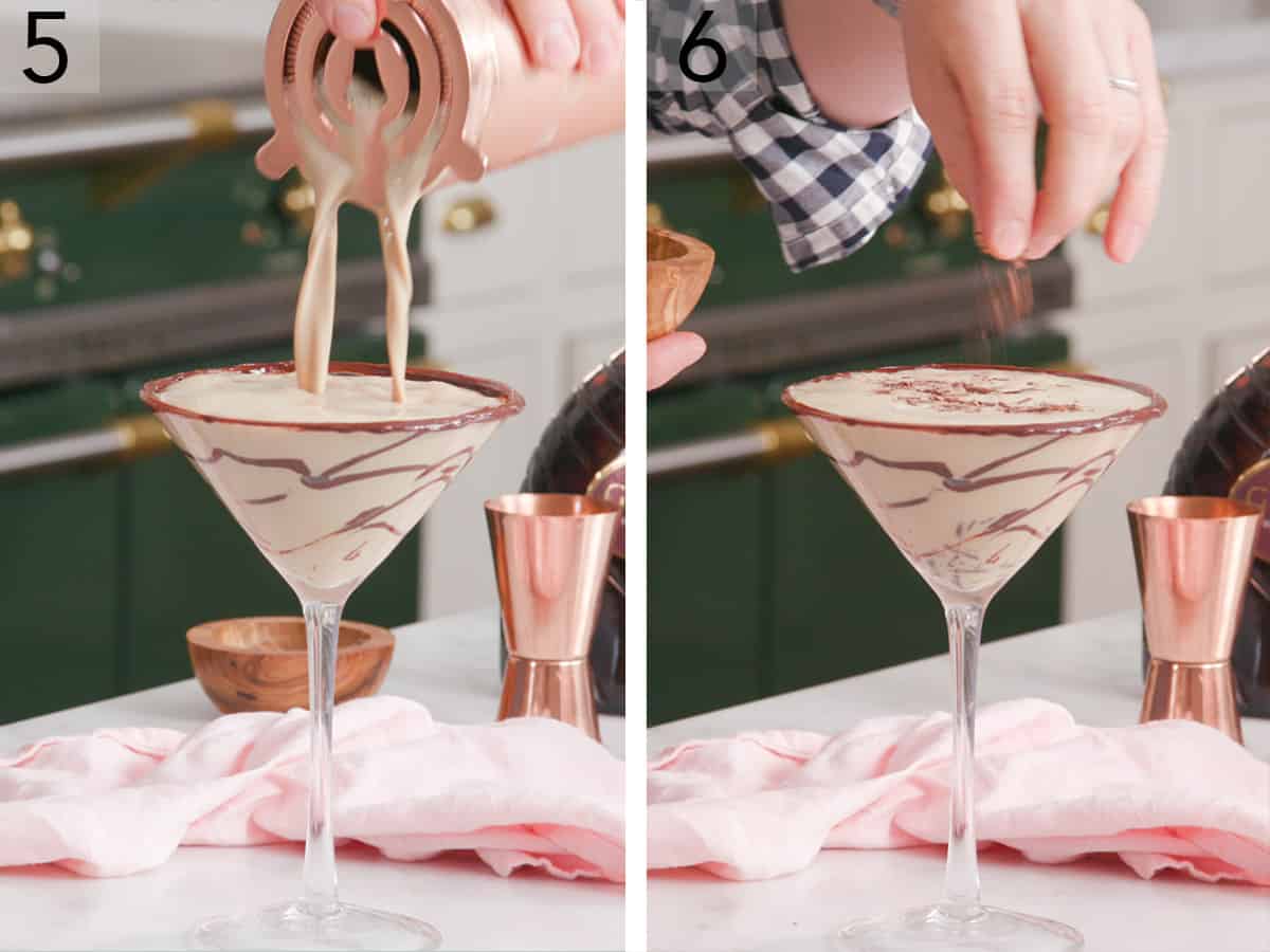 Set of two photos showing a chocolate martini strained into a martini glass then garnished with shaved chocolate.