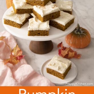 Pinterest graphic of a group of pumpkin bars on a cake stand.