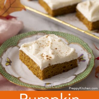 Pinterest graphic of a pumpkin bar on a green and white plate next to a serving tray.