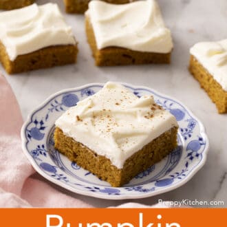 Pinterest graphic of a pumpkin bar on a blue and white plate.