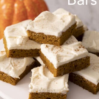Pinterest graphic of a stack of pumpkin bars next to a pumpkin.
