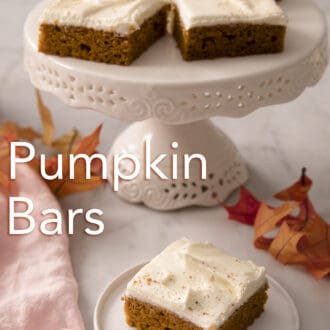 Pinterest graphic of five pumpkin bars next to a pin napkin.