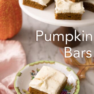 Pinterest graphic of a plate with a pumpkin bar with a stack in the back on a stand.