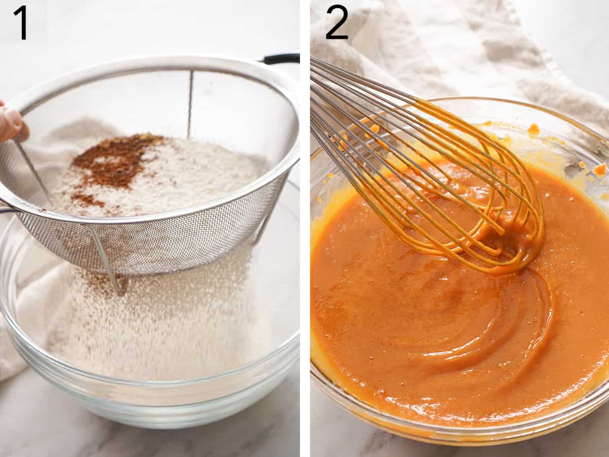 Ingredients getting whisked together to make pumpkin bars.