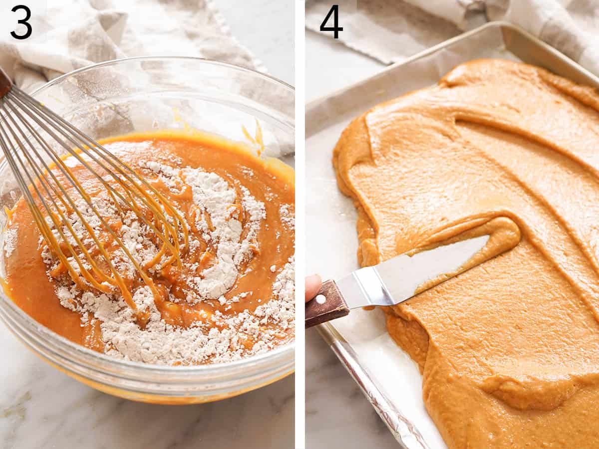Pumpkin bar batter getting mixed together and spread into a baking sheet.