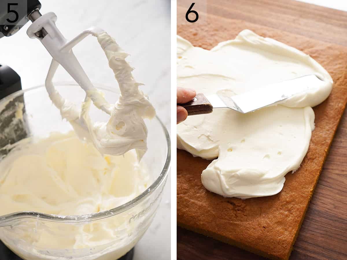 Cream cheese frosting getting mixed together and spread onto a pumpkin bar.