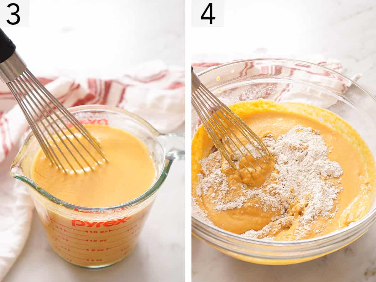 Pumpkin pancake batter getting whisked together in a glass bowl.