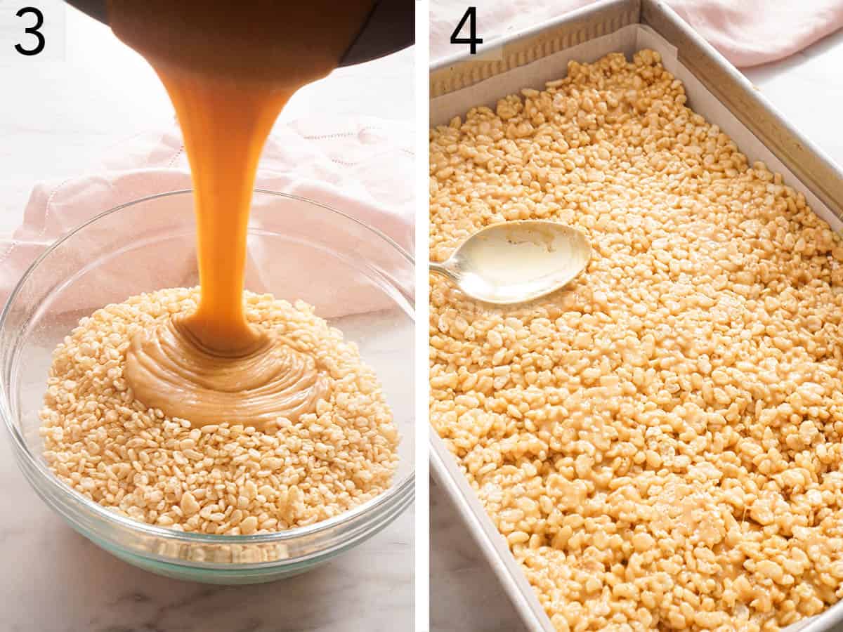 Set of two showing Rice Krispies getting mixed with a peanut butter syrup in a bowl and spread into a baking dish.