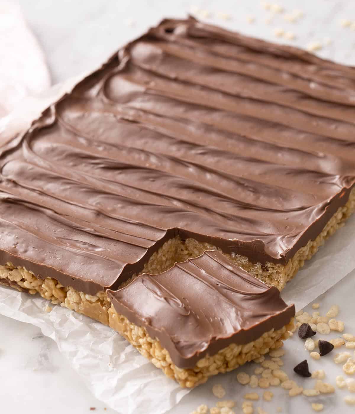 A block of scotcheroos with one piece cut out.