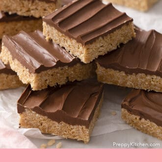 Pinterest graphic of a group of scotcheroos stacked in a pile.