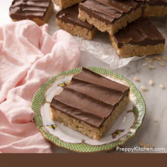 Pinterest graphic of a group of scotcherooos with one on a small plate.