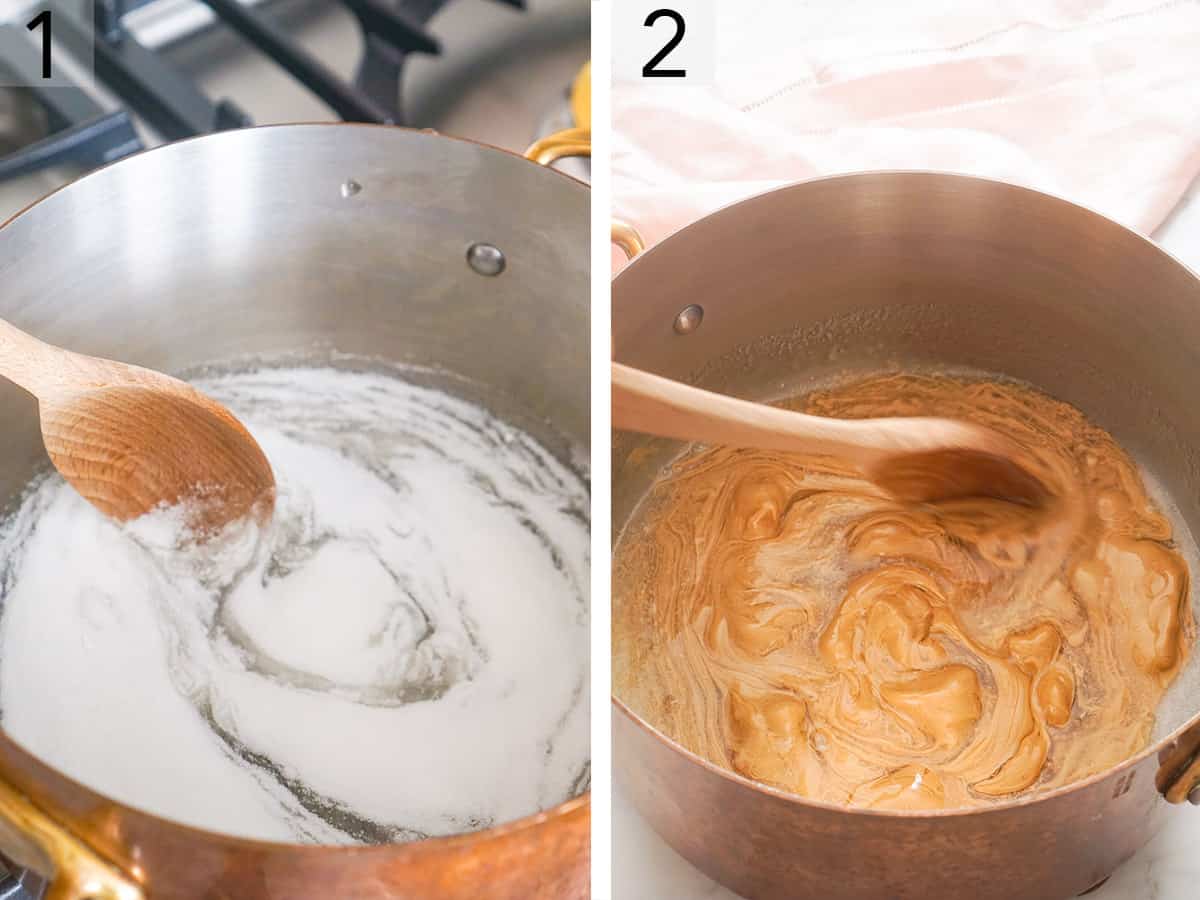 Set of two photos showing corn syrup and peanut butter getting mixed in a pot.