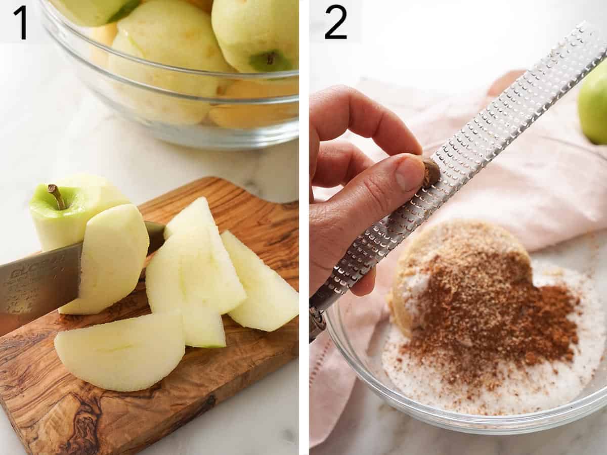 Apples getting sliced to make apple butter.