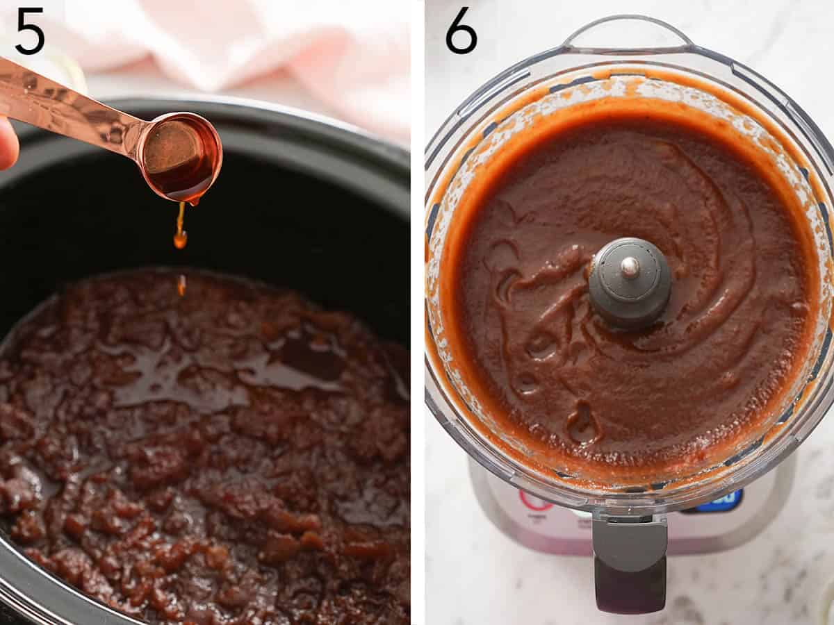 Apple butter getting smoothed out in a food processor.