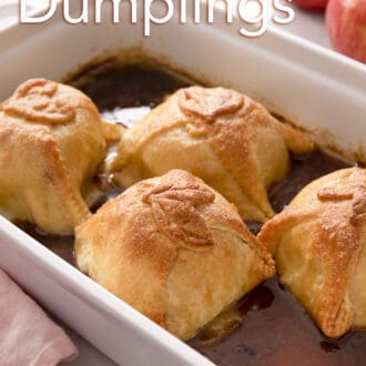 Pinterest graphic of apple dumplings cooked in syrup.