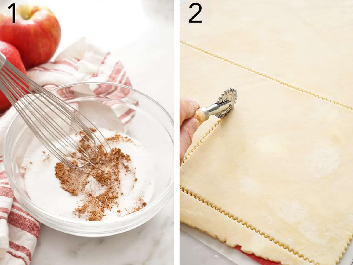 Set of two photos showing cinnamon sugar getting mixed and pie dough being cut.