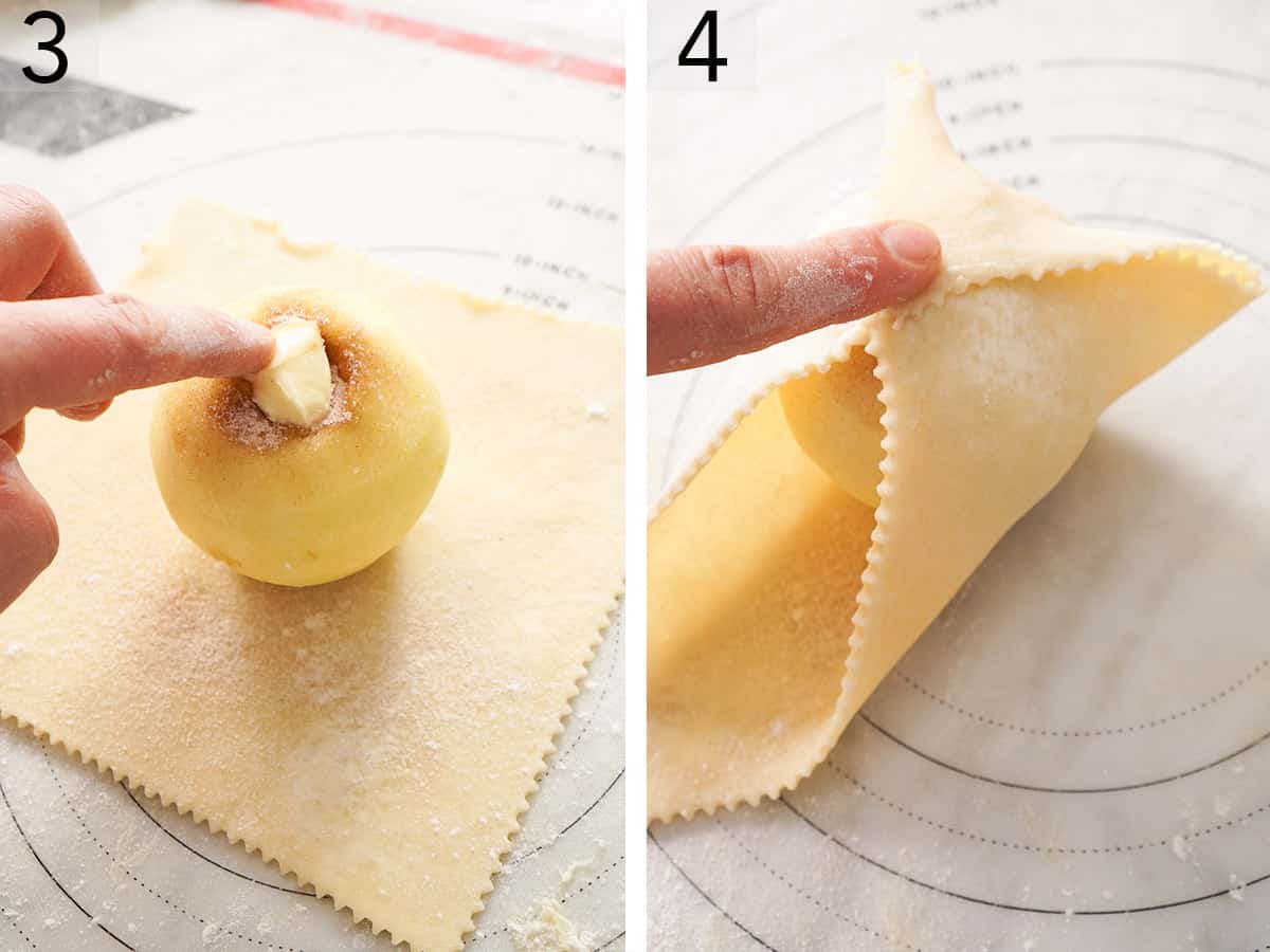 Set of two photos showing butter added to an apple core then wrapped in pastry.