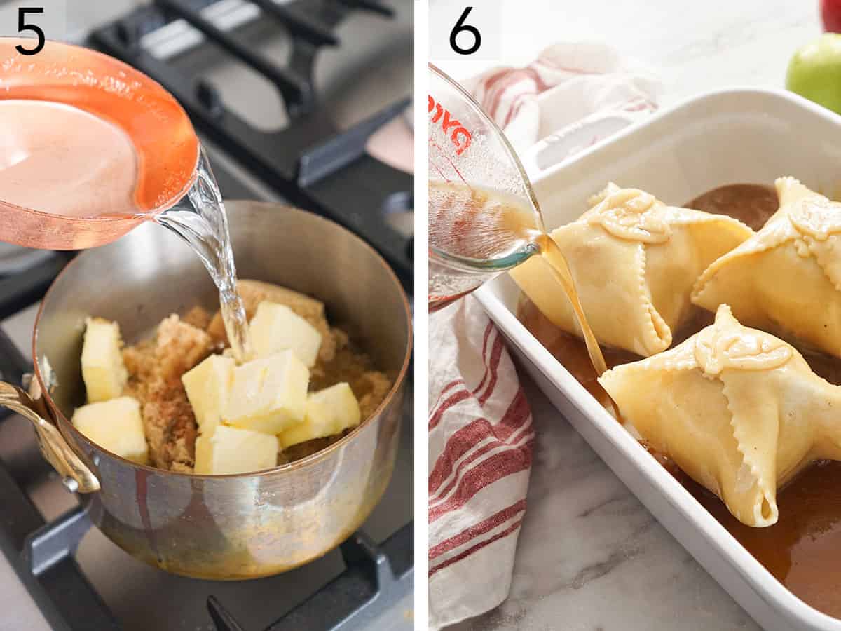 Set of two photos showing brown sugar syrup getting melted in a pot and poured over apple dumplings.