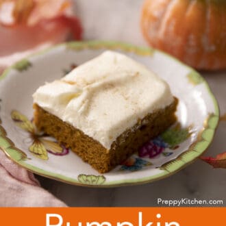 Pinterest graphic of a pumpkin bar on a small plate.