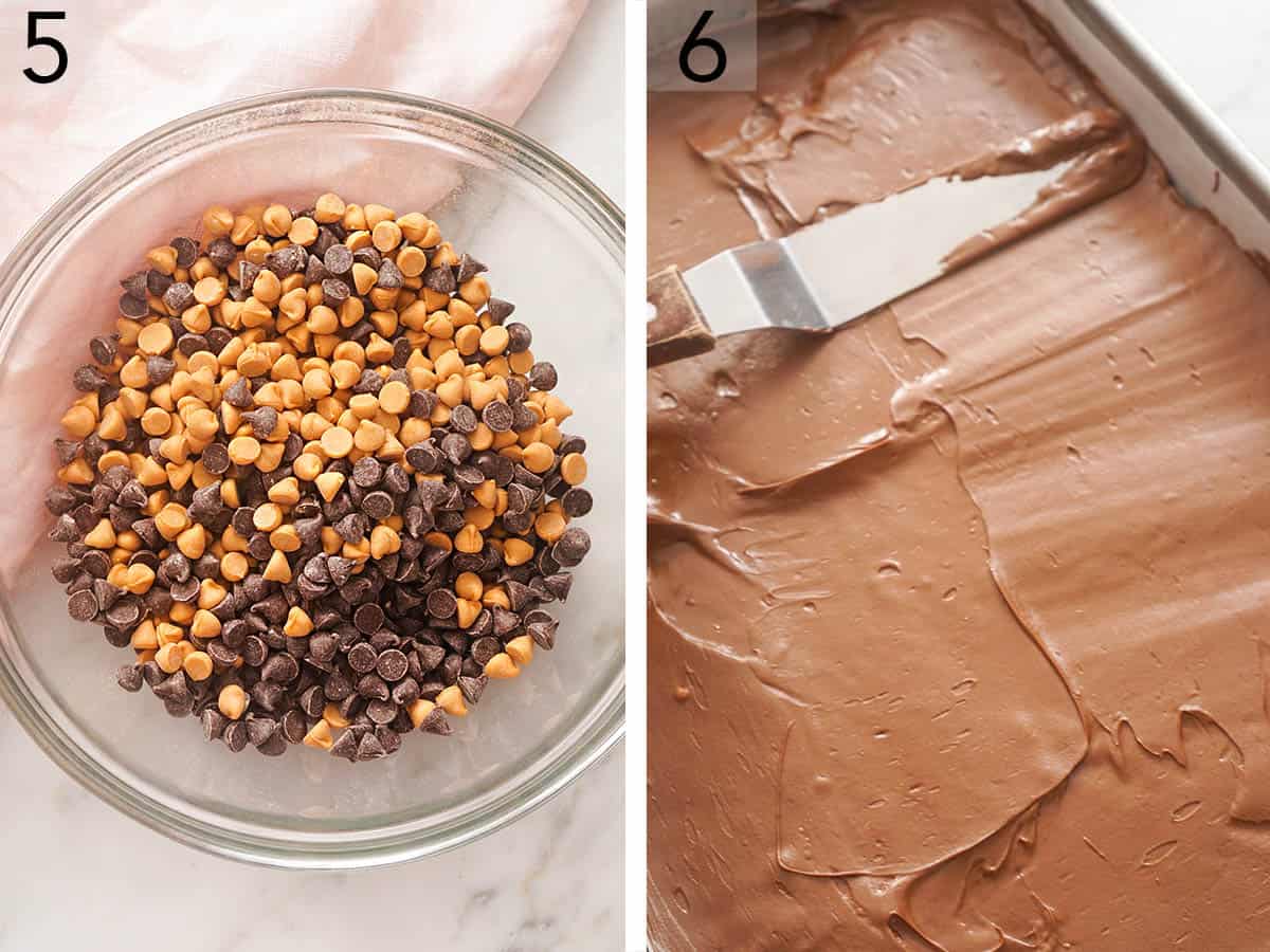 Set of two photos showing chocolate and butterscotch chips melted and spread on top of scotcheroos.
