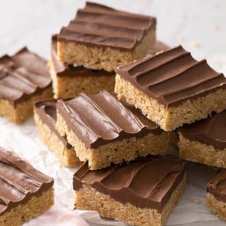 Scotcheroos stacked in a group.