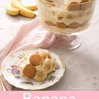 Pinterest graphic of a banana pudding in a glass trifle dish with some on a plate in front.