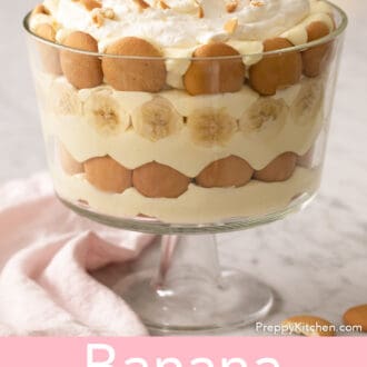 Pinterest graphic of banana pudding with Nilla wafers in a trifle dish.