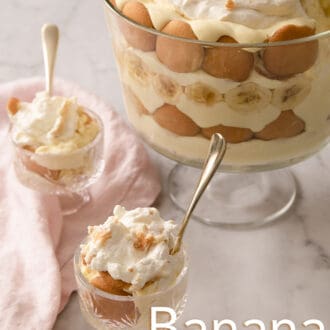 Pinterest graphic of banana pudding in a glass trifle dish with two servings in mini bowls beside it.