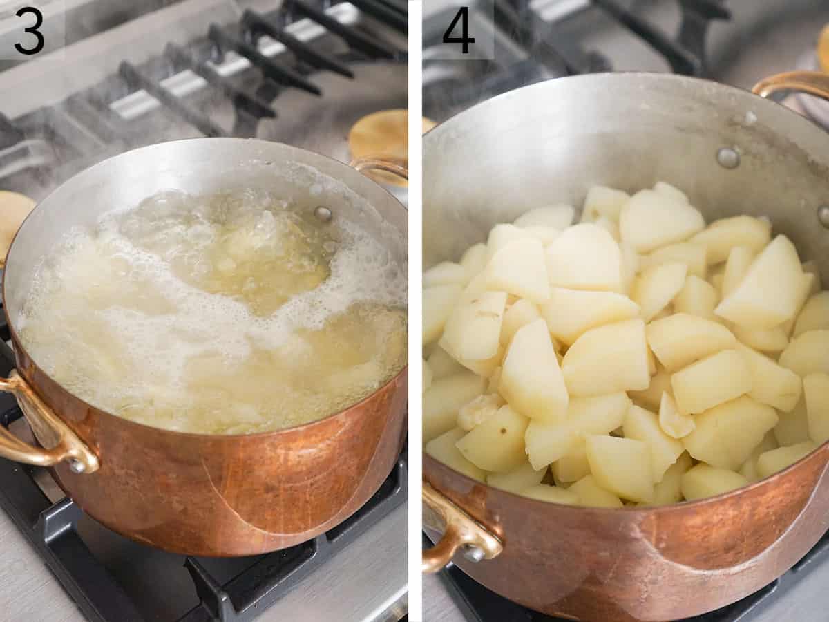 Set of two photos showing potatoes boiled and drained in a pot.