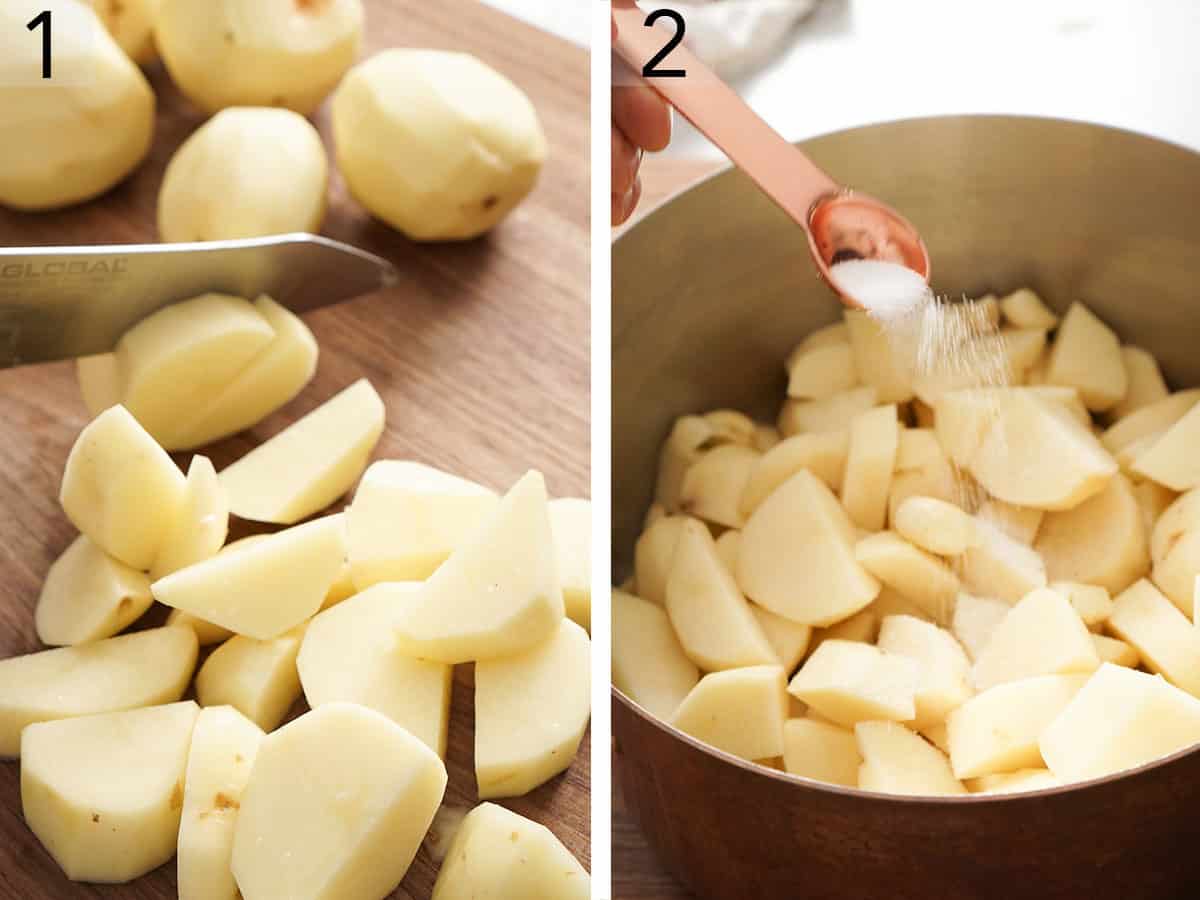 Set of two photos of peeled potatoes getting cut into slices and placed in a pot with salt.