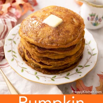 A big stack of pumpkin pancakes with butter and syrup.