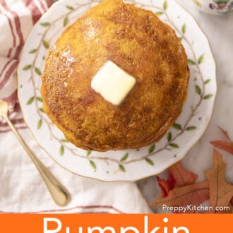 A top-down view of pumpkin pancakes on a plate.