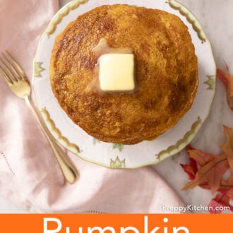 A top-down view of delicious pumpkin pancakes on a plate.