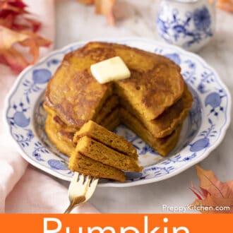 A fork with three pieces of pumpkin pancakes on it.