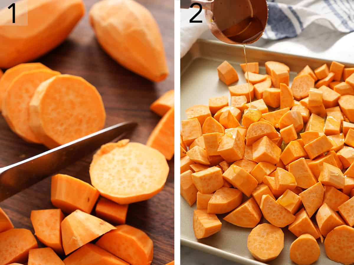 Set of two photos showing sweet potatoes diced and tossed with oil on a sheet pan.