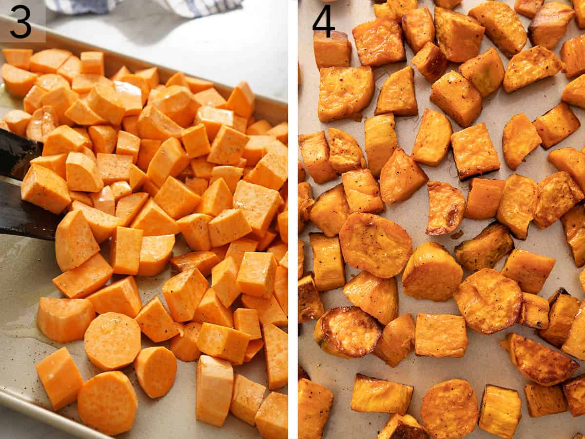 Set of two photos showing sweet potatoes tossed and roasted on a sheet pan.