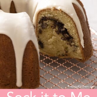 close up of a sock it to me cake on a wire rack