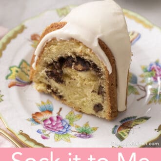 piece of sock it to me cake on a floral plate