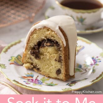 piece of sock it to me cake on a floral plate