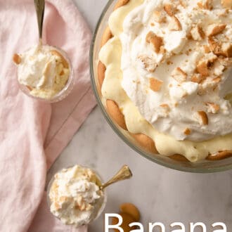 Pinterest graphic of a top down shot of banana pudding in a glass trifle dish wth two servings on the side in mini bowls.