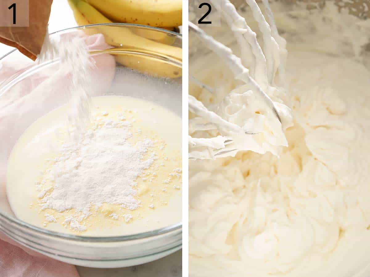 Set of two photos showing whipped cream and vanilla pudding added to a bowl and whisked.