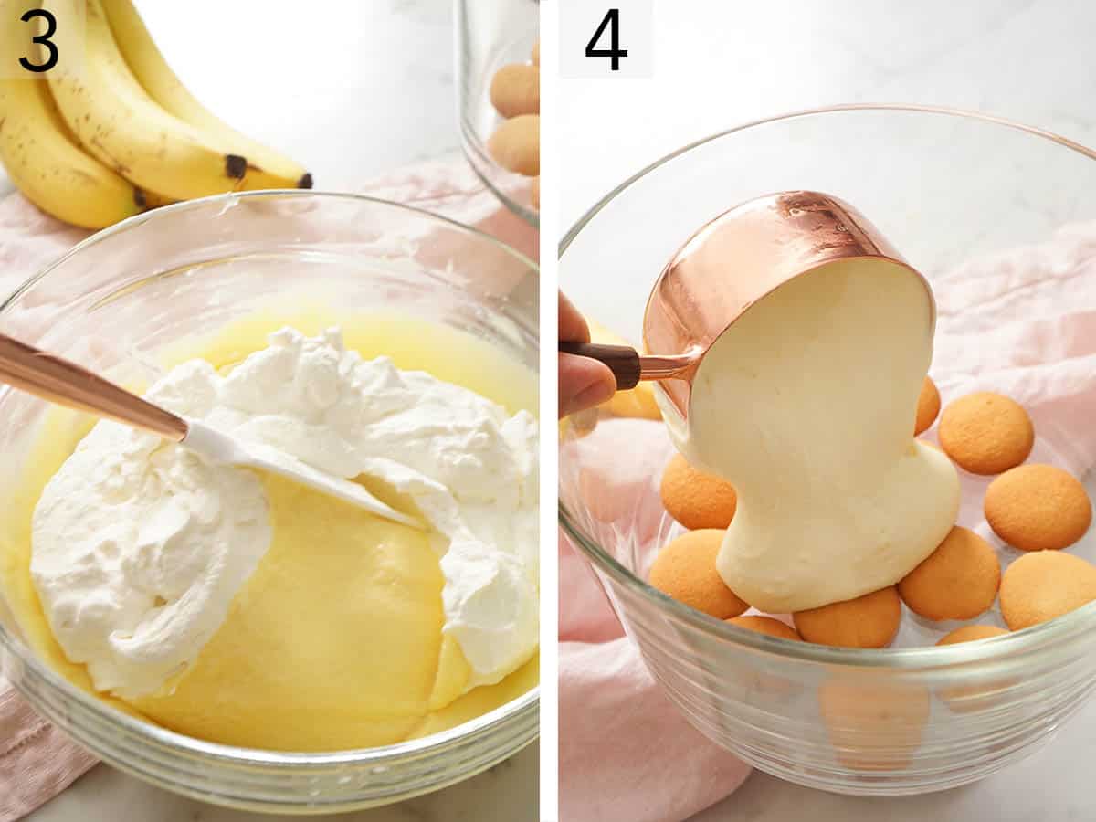 Set of two photos showing whipped cream getting folded into vanilla pudding with a spatula and scooped into a trifle dish with cookies.
