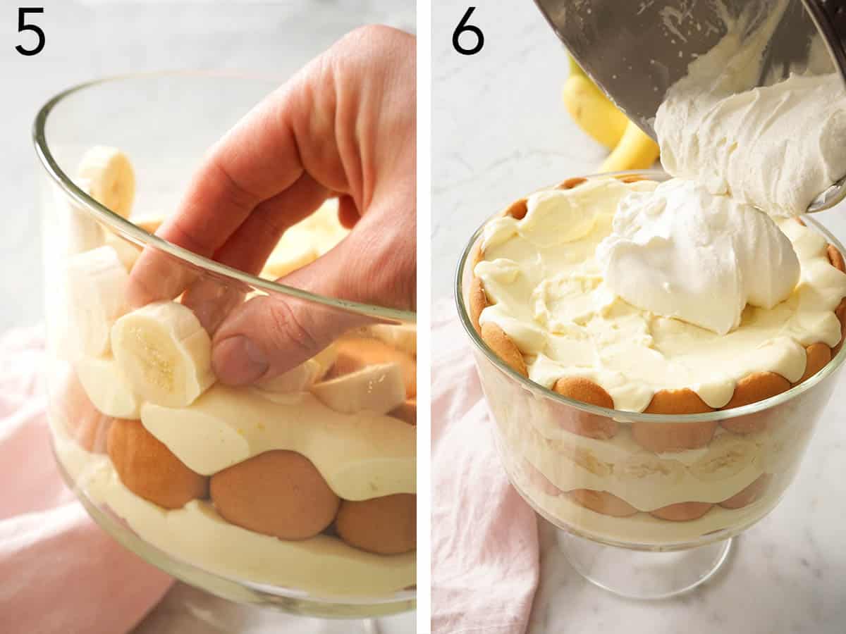 Set of two photos showing banana pudding getting assembled in a trifle bowl with Nilla cookies and banana slices.
