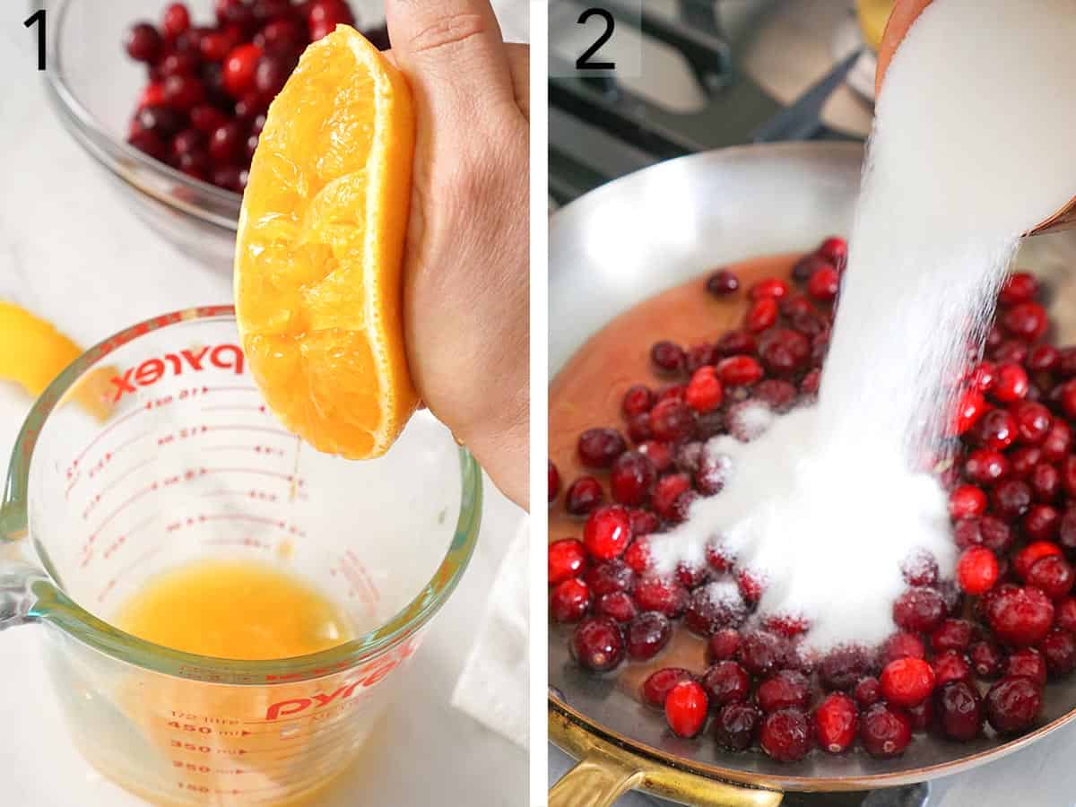 Set of two images showing juice squeezed from an orange into a measuring cup, and sugar added to cranberries in a saucepan.
