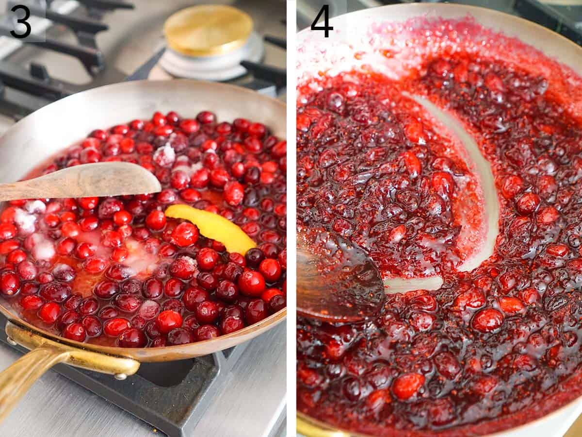 Set of two images showing cranberries, sugar, and orange juice cooking down in a large pan.