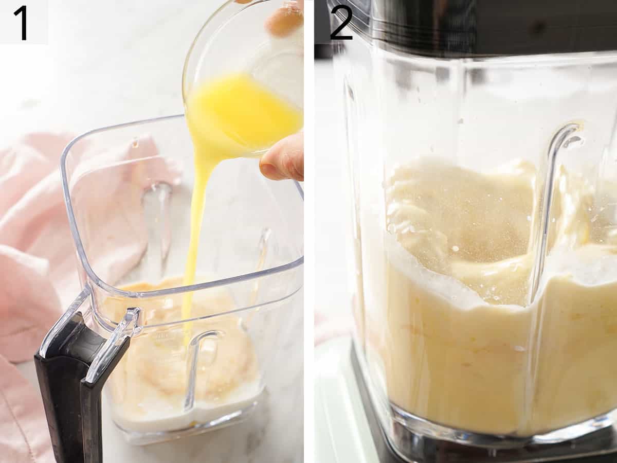 Set of two photos showing ingredients added to a blender to blend.