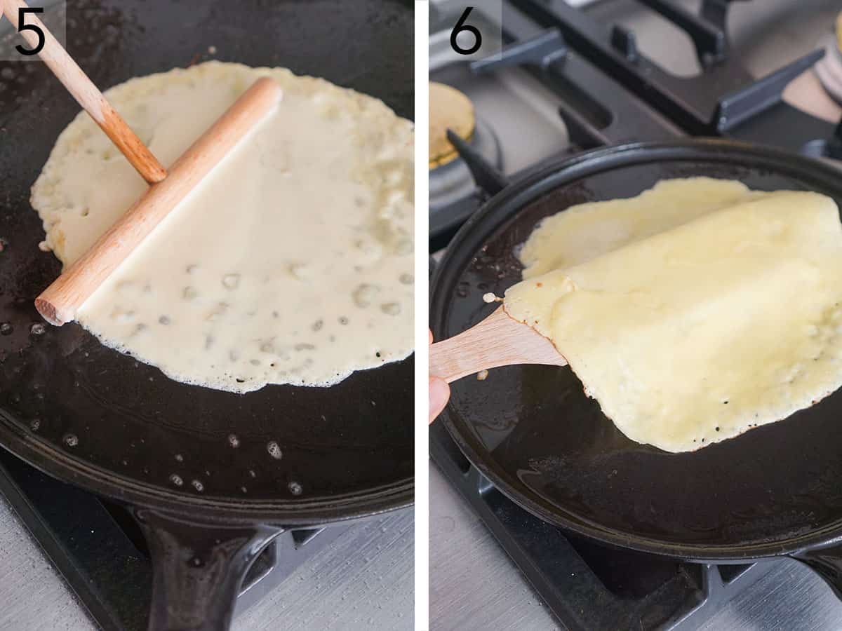 Set of two photos showing crepes batter flattened on the pan then flipped.