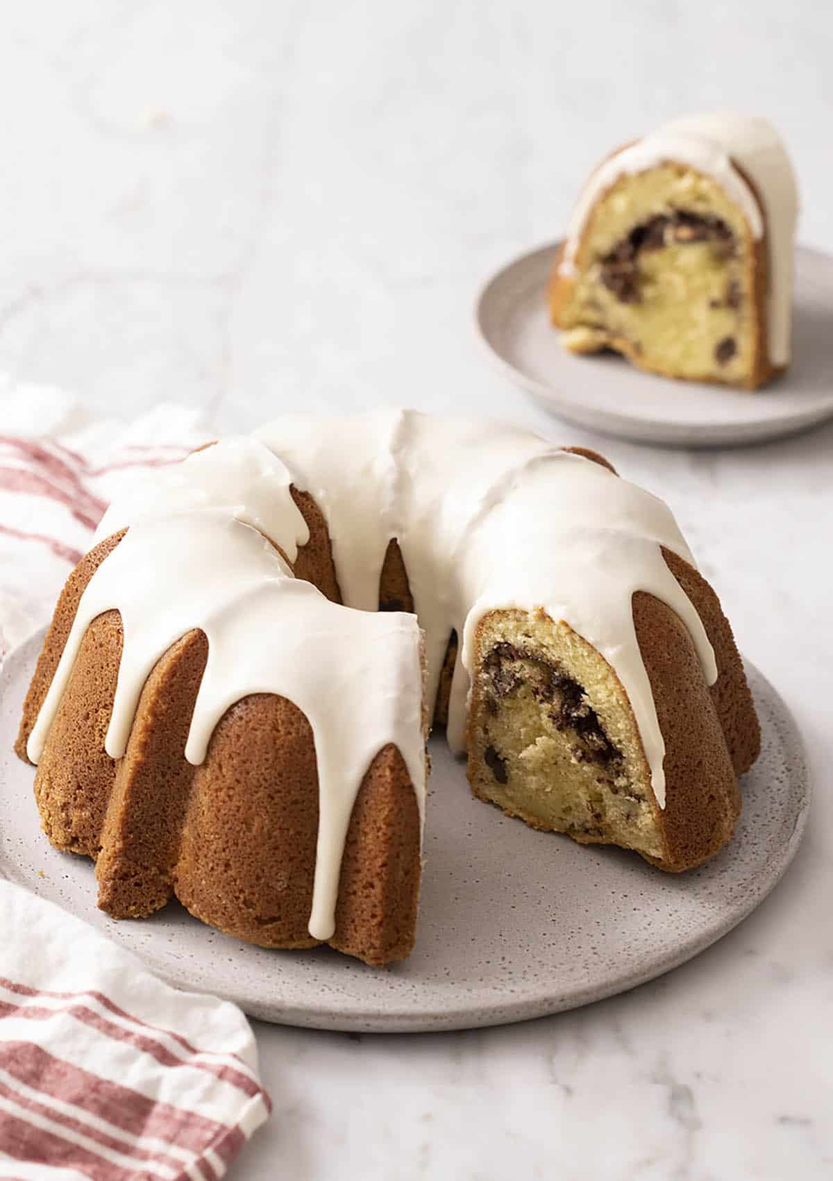 Sock it to me cake on a grey plate.