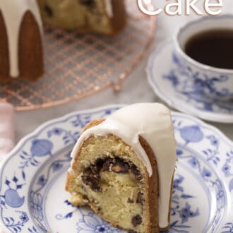 piece of sock it to me cake on a blue and white plate