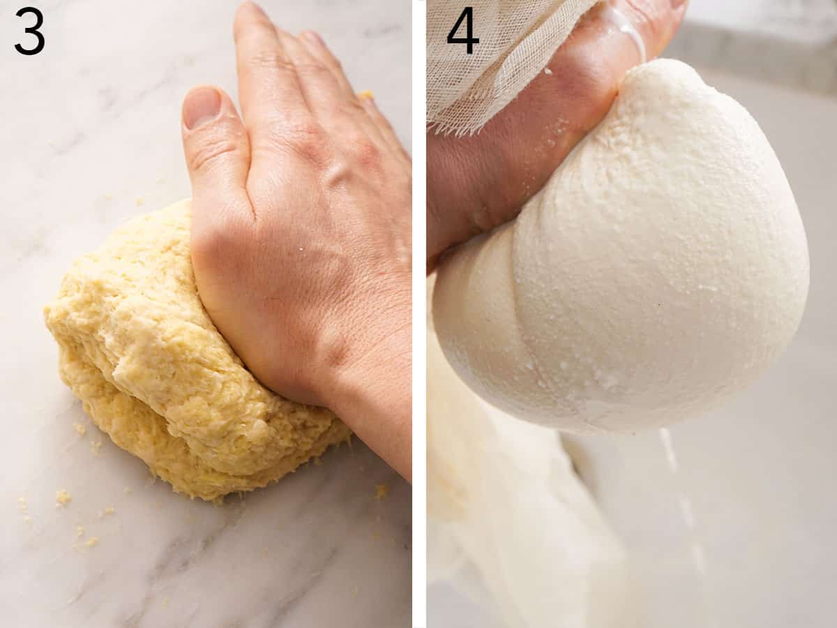Set of two photos showing dough kneaded and ricotta cheese getting drained with a cheese cloth.